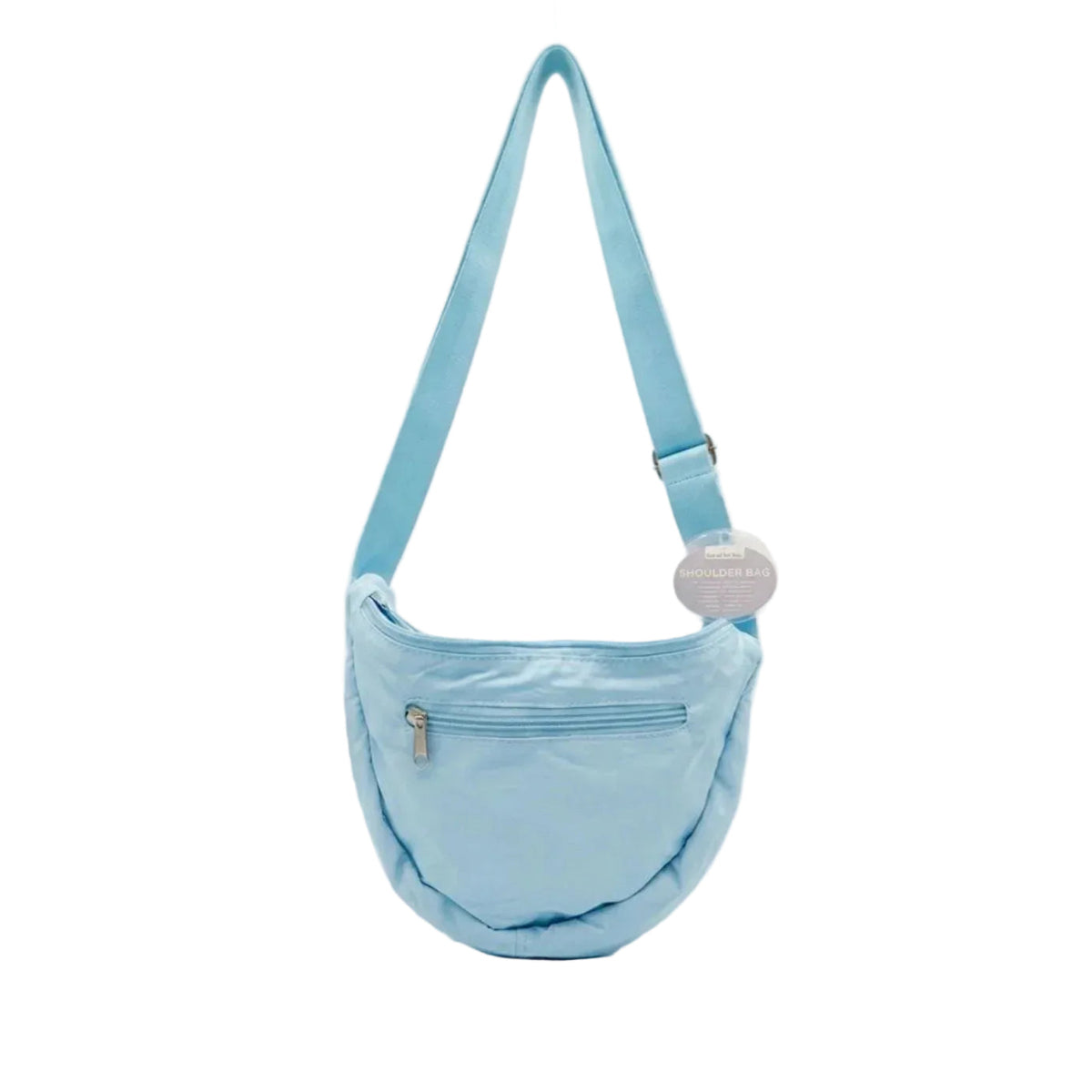Borsa a tracolla azzurra a mezzaluna, vista posteriore con superficie liscia e fibbia regolabile sulla tracolla.