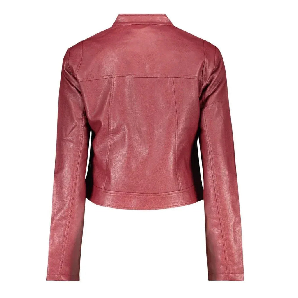 Retro del giubbotto Desigual in ecopelle rosso/bordeaux da donna, stile biker con vestibilità slim. Dettaglio delle cuciture ergonomiche sulla schiena che esaltano la figura. Un capo senza tempo per il tuo guardaroba.