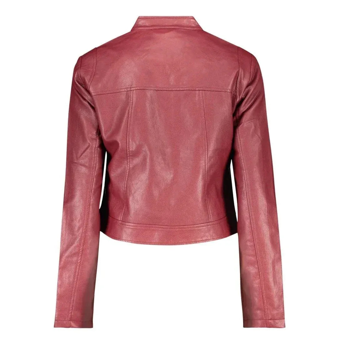 Retro del giubbotto Desigual in ecopelle rosso/bordeaux da donna, stile biker con vestibilità slim. Dettaglio delle cuciture ergonomiche sulla schiena che esaltano la figura. Un capo senza tempo per il tuo guardaroba.