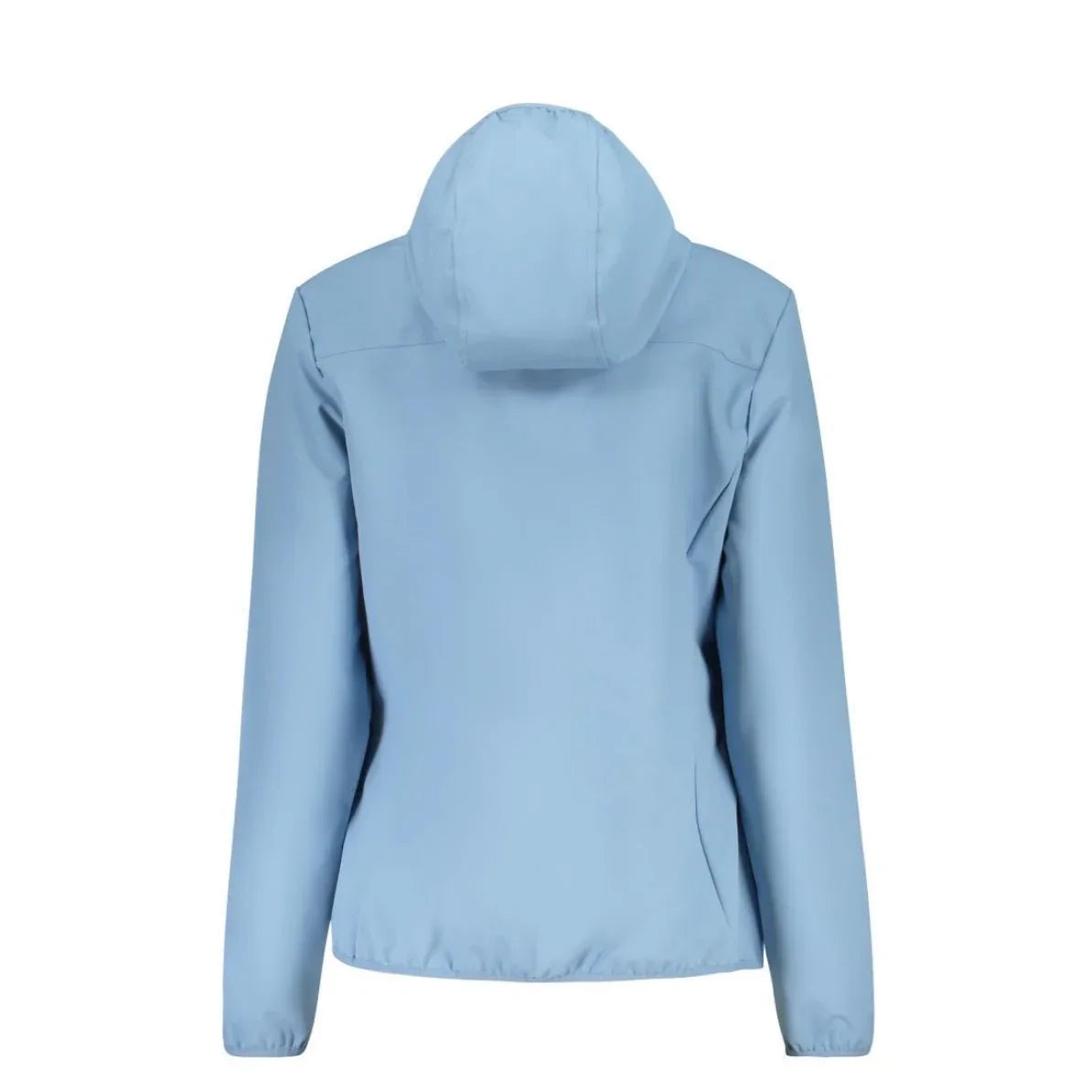 Retro della giacca a vento tecnica da donna, azzurro carta da zucchero, in tessuto softshell traspirante. Foto che mostra il cappuccio, le cuciture laterali e la finitura elastica su polsini e fondo.