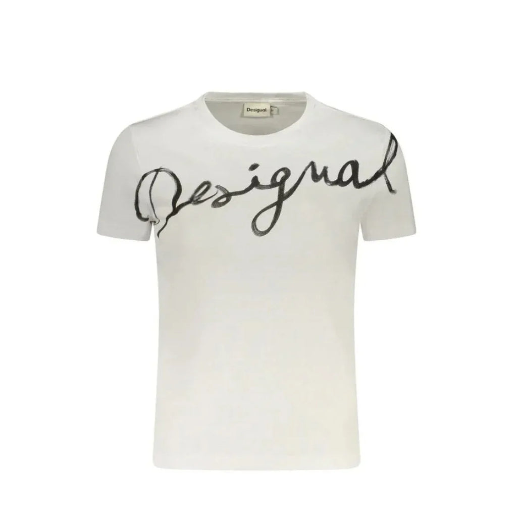 T-shirt bianca Desigual da donna in cotone. Design minimalista con logo lettering nero a contrasto, ideale per un look casual e contemporaneo.