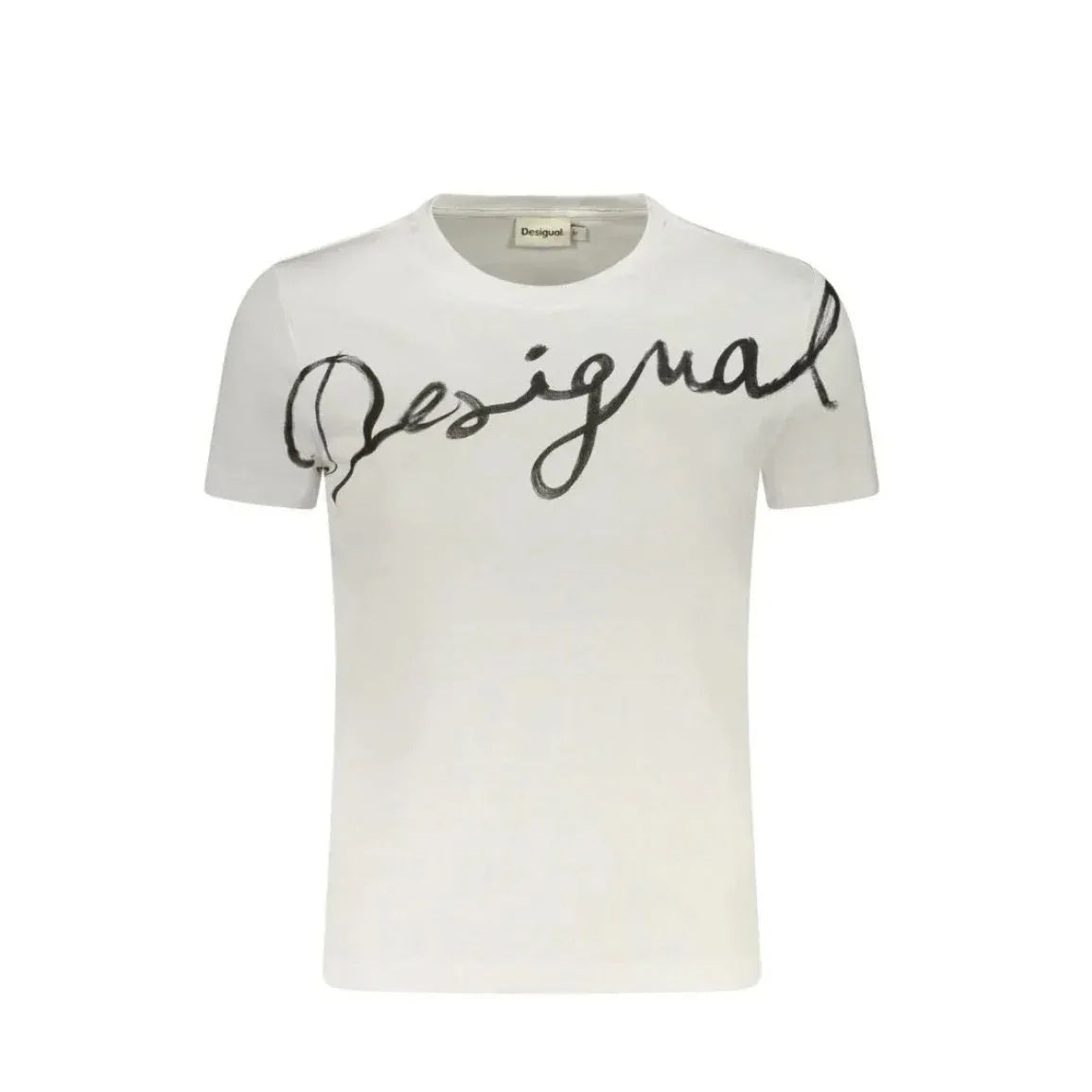 T-shirt bianca Desigual da donna in cotone. Design minimalista con logo lettering nero a contrasto, ideale per un look casual e contemporaneo.