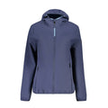 Giacca a vento sportiva da donna, blu, in tessuto softshell traspirante e idrorepellente. Taglio sfiancato femminile, tasche con cerniera, ideale per trekking e outdoor.