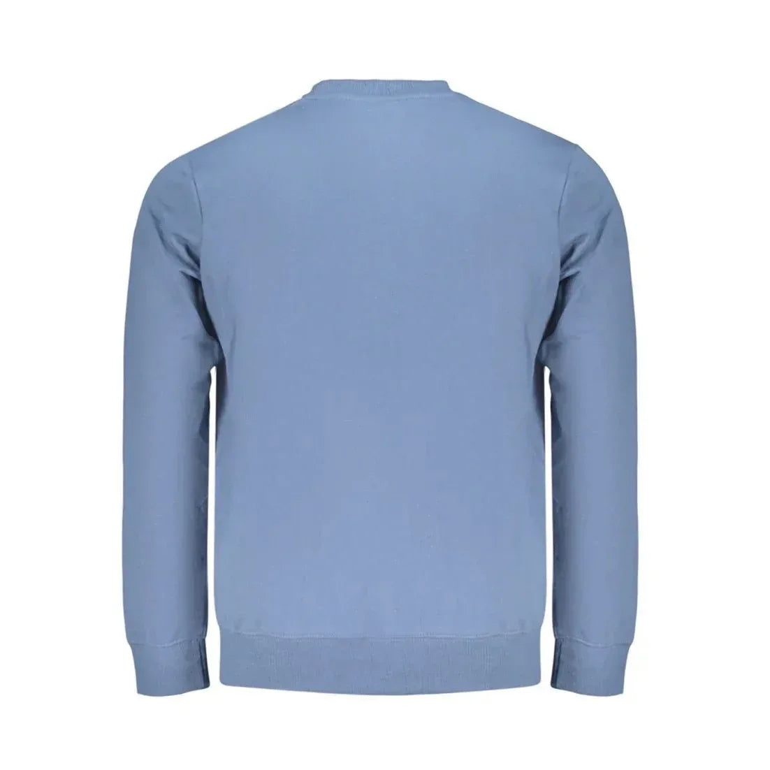 Vista posteriore di una felpa girocollo azzurro polvere con bordi e polsini elasticizzati a costine; design essenziale su sfondo bianco.