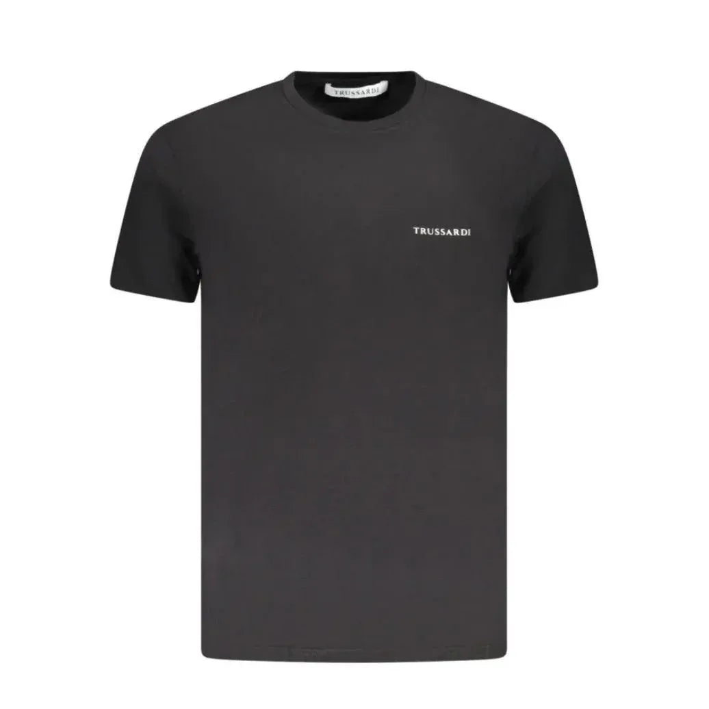 Maglietta girocollo Trussardi da uomo, colore grigio scuro/antracite, in cotone di alta qualità. Design minimale e pulito con logo testuale bianco sul petto, ideale per un look casual-chic.