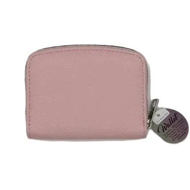 Portafoglio compatto da donna rosa pastello in ecopelle con cerniera superiore e tirazip argentato.