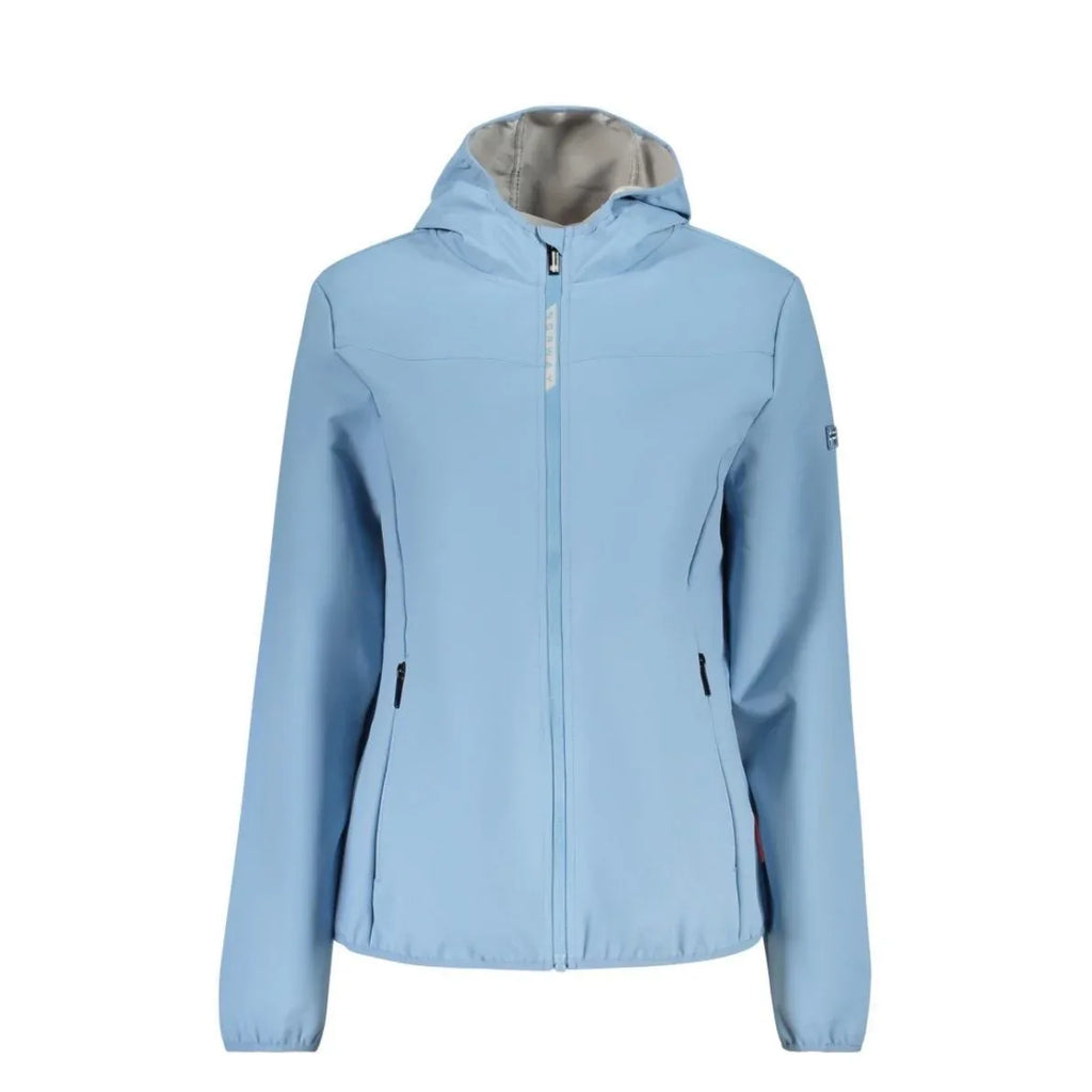 Giacca a vento sportiva da donna, azzurro carta da zucchero, in tessuto softshell traspirante e idrorepellente. Taglio sfiancato femminile, tasche con cerniera, ideale per trekking e outdoor. foto fronte
