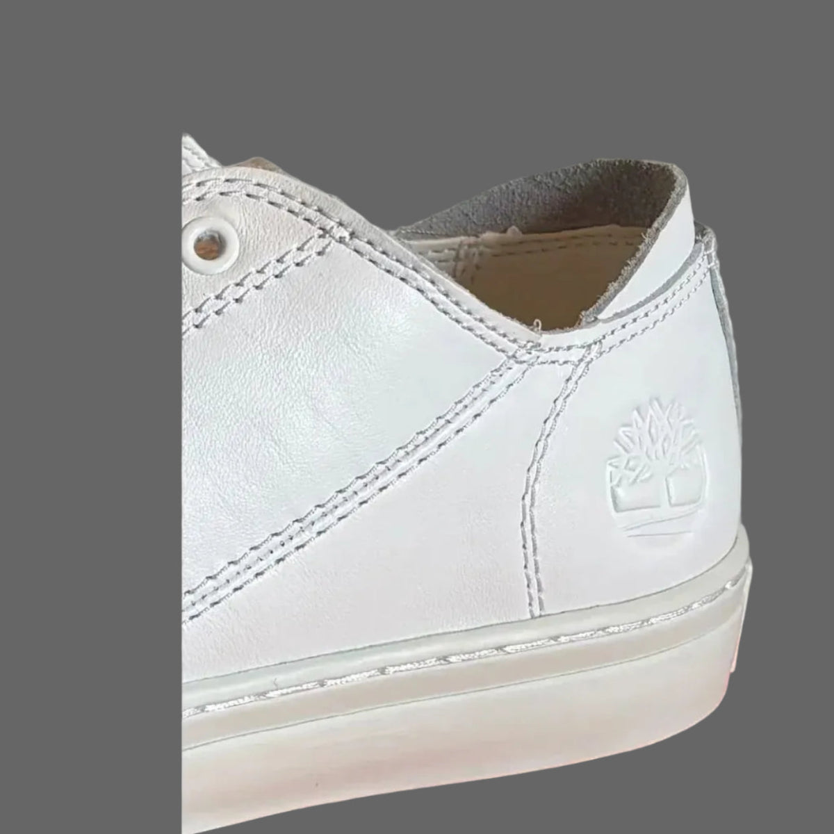 Inquadratura superiore della sneaker Timberland bianca che mette in risalto l'allacciatura frontale, la linguetta con logo impresso e l'interno foderato.