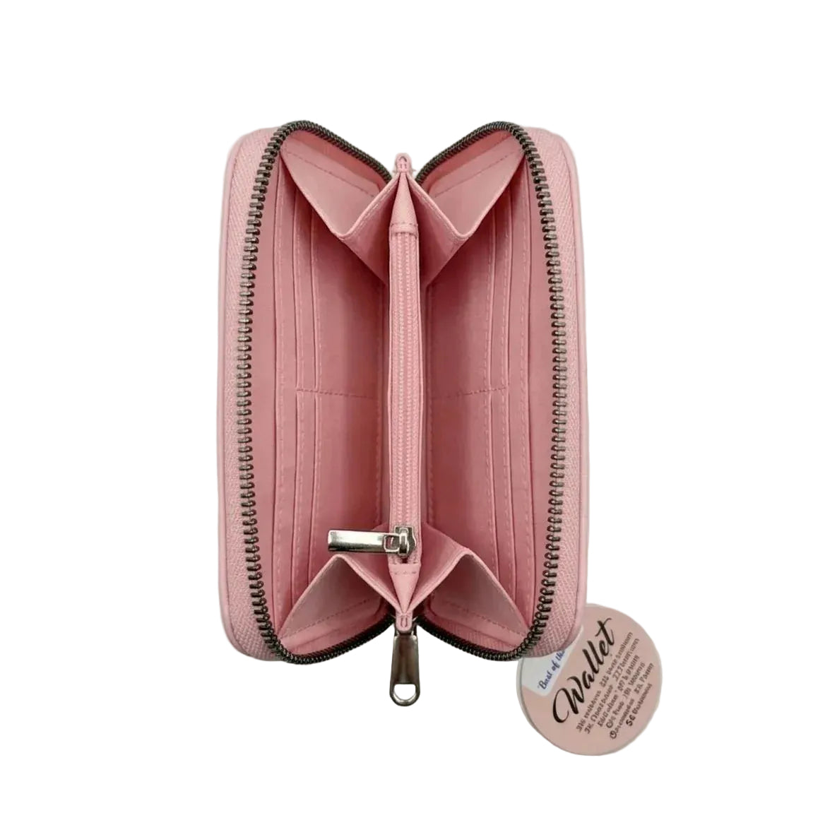 Vista interna del portafoglio rosa pastello con scomparti per carte di credito, tasche per banconote e portamonete centrale con zip.