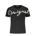 T-shirt nera a maniche corte con girocollo, caratterizzata dalla scritta "Desigual" stampata sul petto in un elegante carattere corsivo bianco fluido.