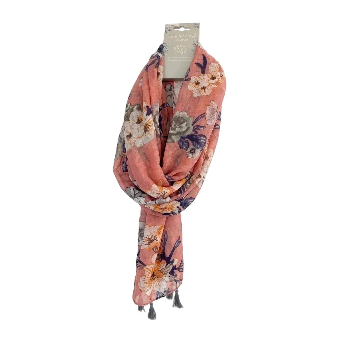 Foulard donna leggero color pesca a fiori grandi e nappe - Sciarpa primaverile elegante stampa floreale.