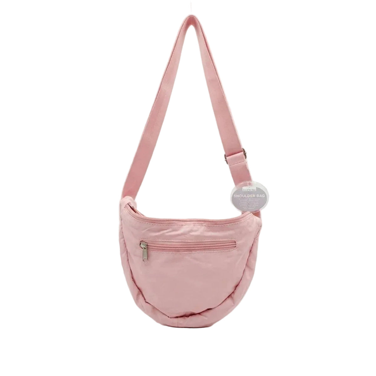 Borsa a tracolla rosa a mezzaluna, vista posteriore con superficie liscia e fibbia regolabile sulla tracolla.