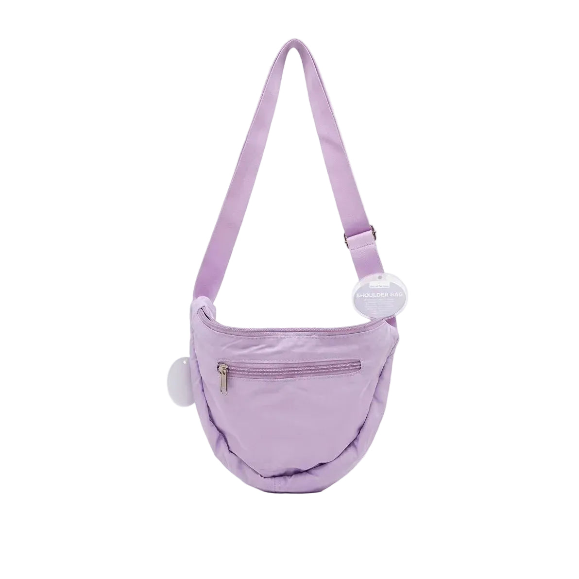 Borsa a tracolla lilla a mezzaluna, vista posteriore con superficie liscia e fibbia regolabile sulla tracolla.