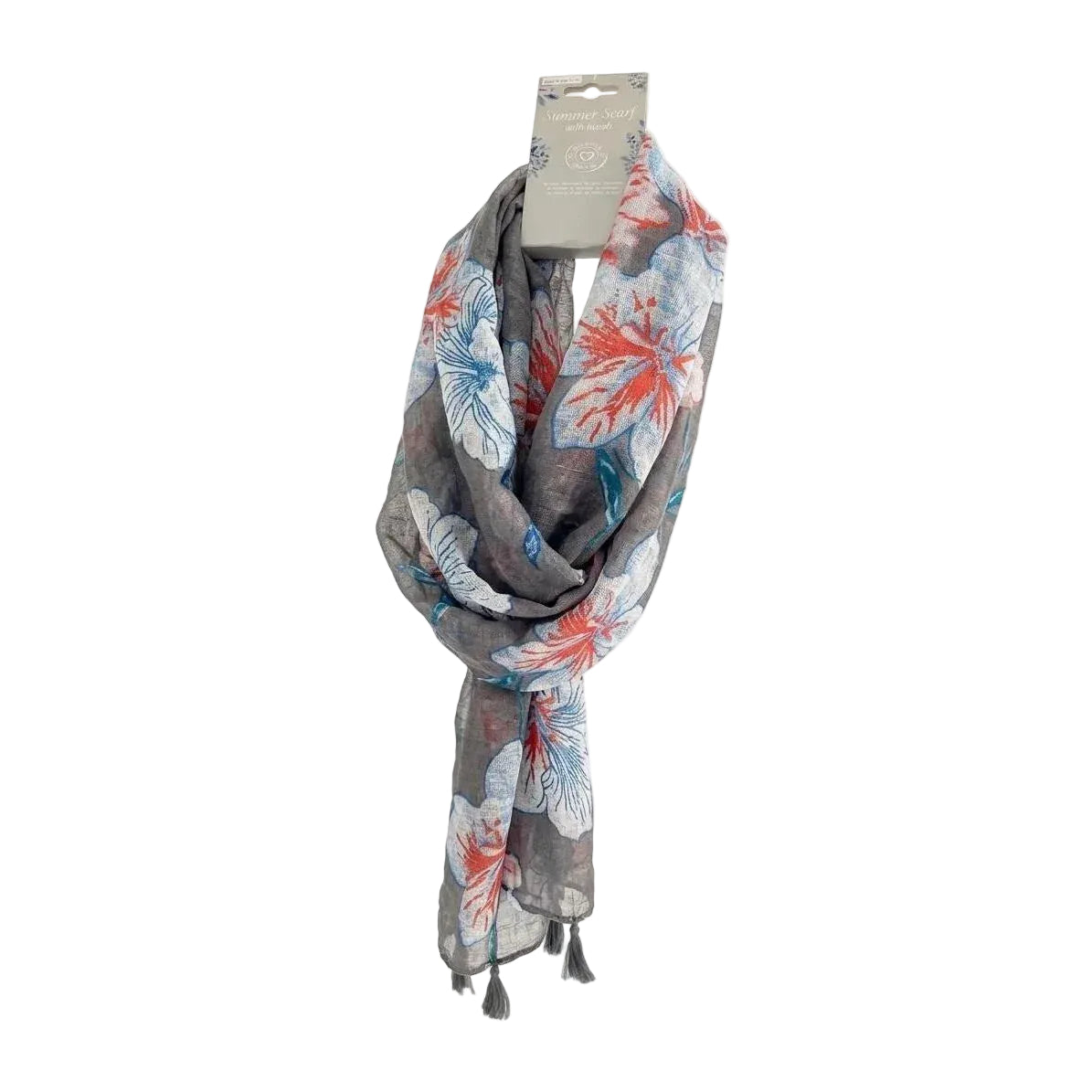 Foulard estivo leggero grigio a fiori grandi con nappine decorative - Accessori moda donna.