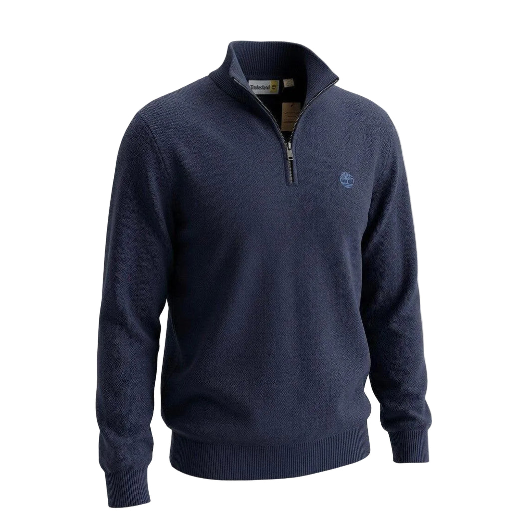 Maglione Timberland blu navy in cotone con mezza zip da uomo. Pullover con logo ricamato, ideale per un look casual ed elegante.