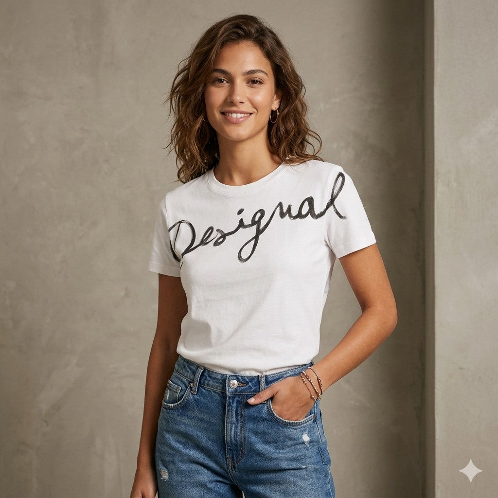 Una modella sorridente indossa una maglietta bianca a maniche corte con la scritta 'Desigual' in nero sul davanti. La modella completa l'outfit con un paio di jeans blu a vita alta, piccoli orecchini a cerchio e dei braccialetti sottili. Posa con una mano in tasca davanti a una parete materica grigia dal design moderno.