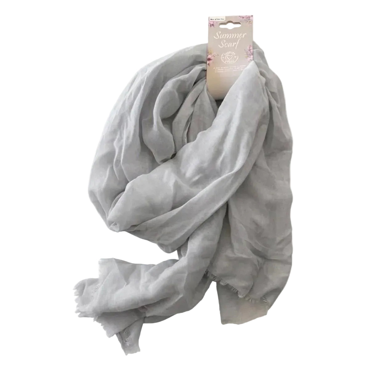 Sciarpa estiva grigio chiaro in tessuto leggero, dettaglio bordi a frange sottili. Accessorio moda primavera-estate.