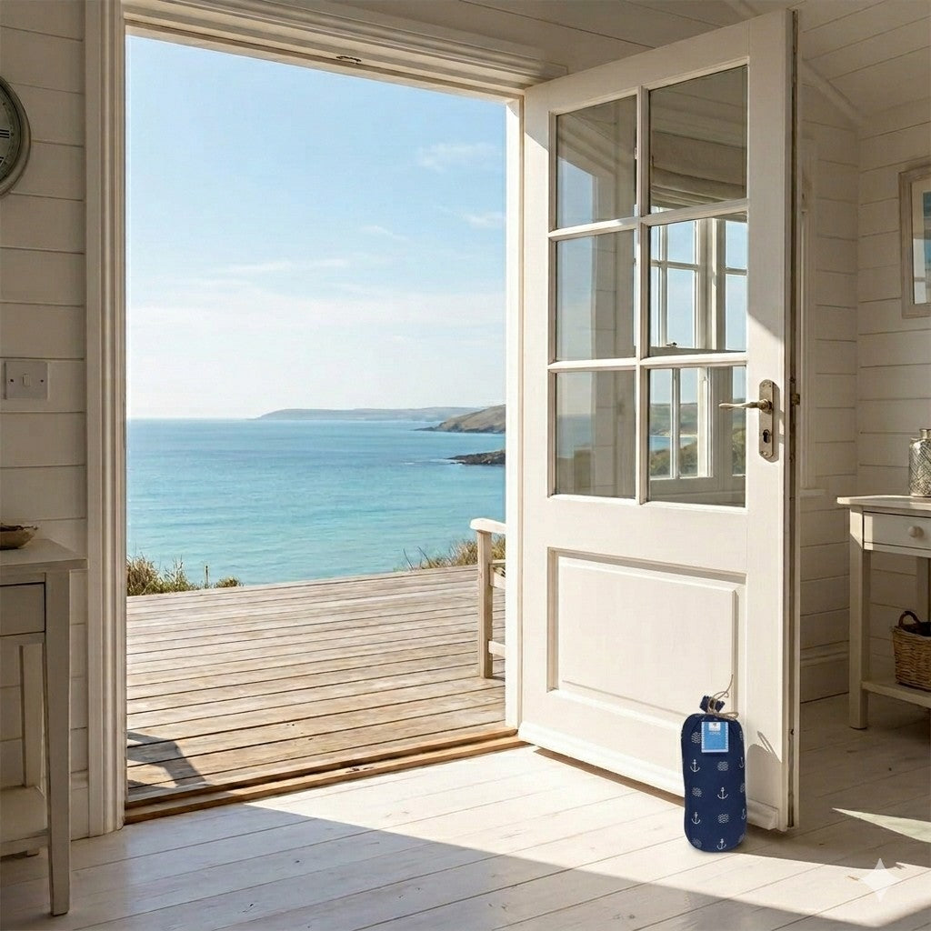 Una vista interna da un'accogliente stanza costiera con pareti e pavimento in legno bianco. Una grande porta finestra a vetri bianchi è aperta, rivelando una terrazza in legno e una vista mozzafiato sull'oceano turchese sotto un cielo sereno. All'esterno si vedono scogliere e vegetazione costiera. All'interno, un ferma porta decorativo in tessuto blu scuro con motivi di ancore bianche è posizionato sul pavimento, vicino alla base della porta aperta. Ai lati della porta si intravedono mobili chiari e un orol