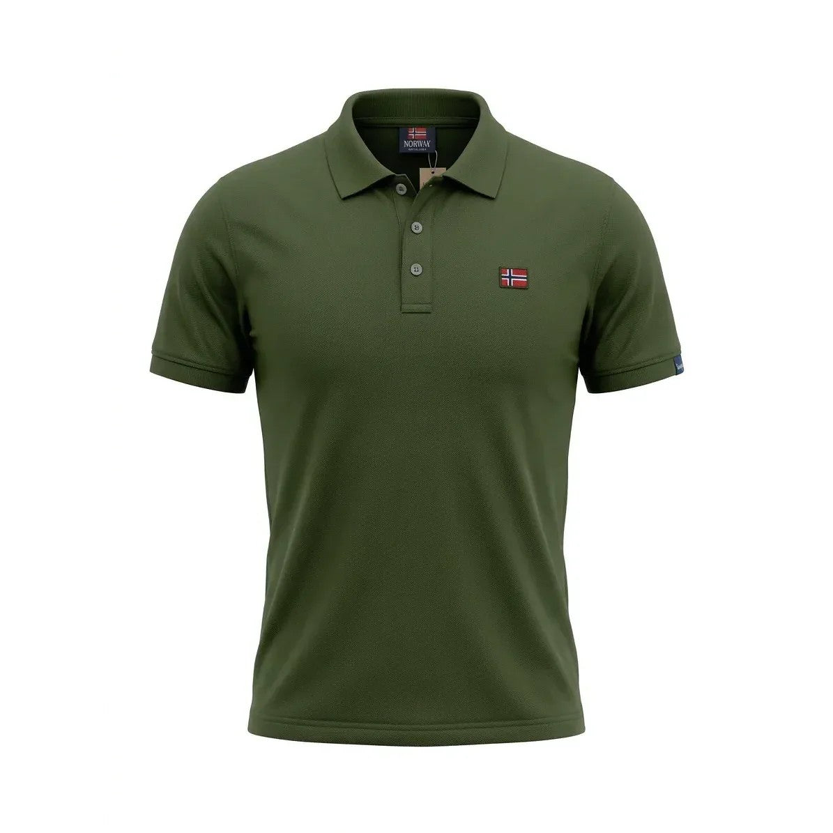 Polo da uomo verde militare in cotone piqué, brand Norway. Design sportivo con logo ricamato, bordo manica a costine e vestibilità regular. Ideale per un look casual o outdoor.